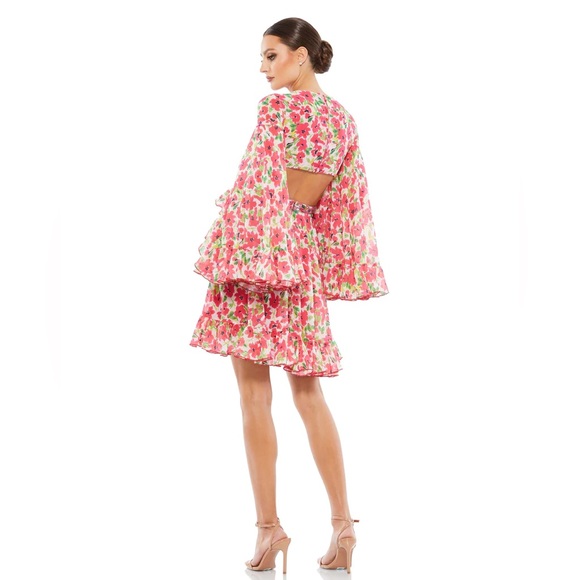 MAC DUGFAL FLORAL CUT OUT V NECK BELL SLEEVE MINI DRESS - Picture 3 of 9
